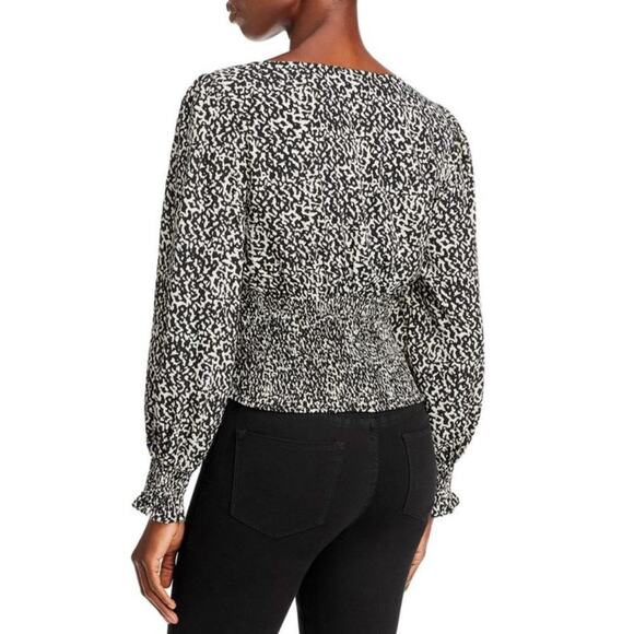 Lucy Paris Izzy Smocked Blouse Top Deep V-Neck, Black & White Print M| Chic - Picture 2 of 13